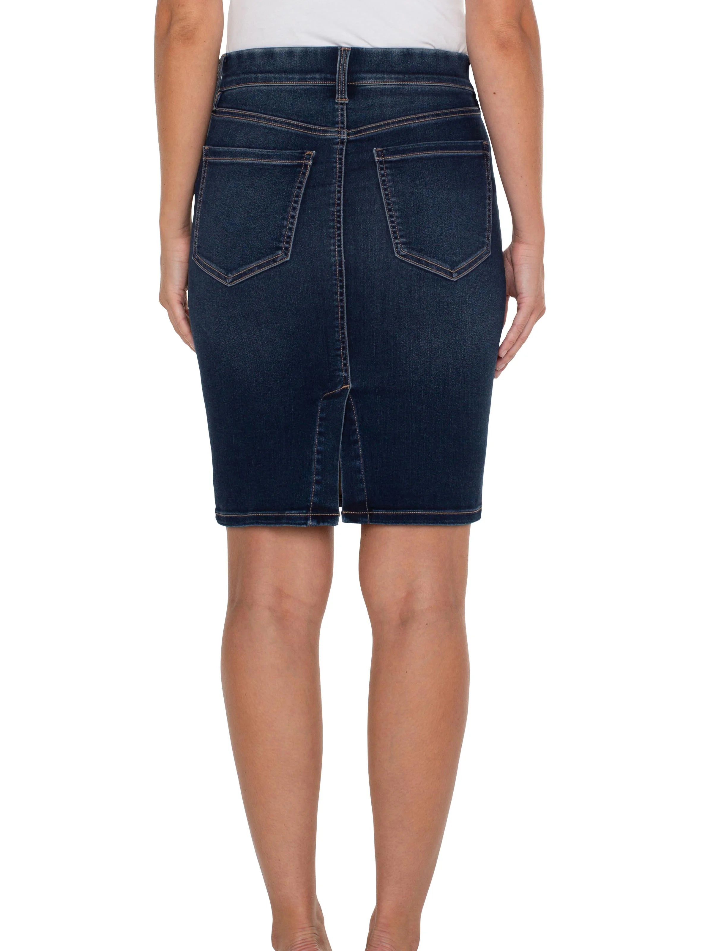 Dark wash denim pencil skirt with back pockets and center back vent.