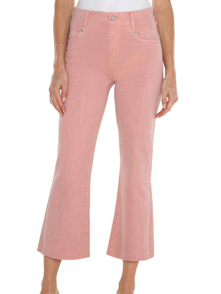 Dusty rose-colored cropped flare jeans; mid-rise waist, front pockets, slight distressing at hems.