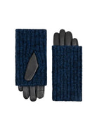 Pair of gloves; dark blue knit cuffs, black leather palms & fingers.  Cable knit texture.