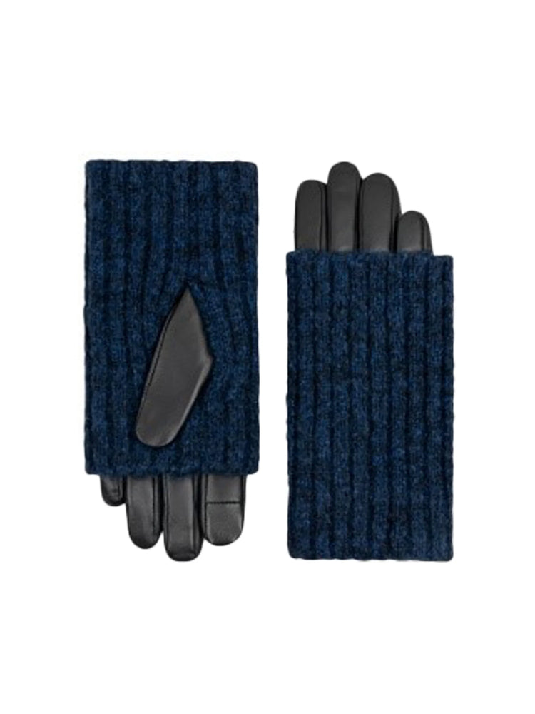 Pair of gloves; dark blue knit cuffs, black leather palms & fingers. Cable knit texture.