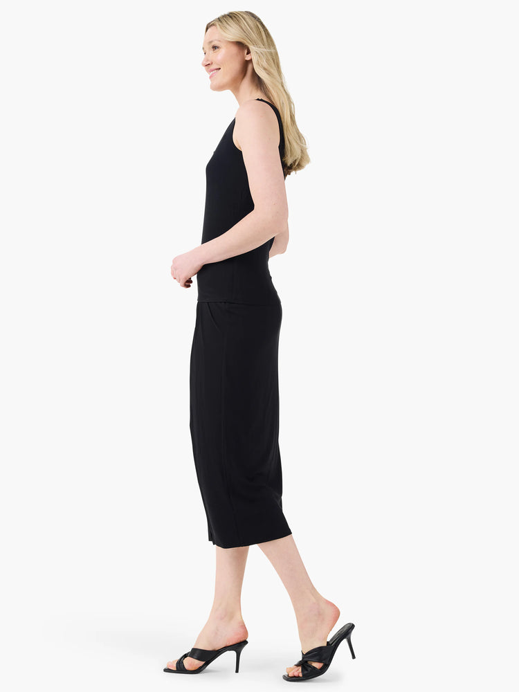 Black sleeveless jersey tank top with a split neck.