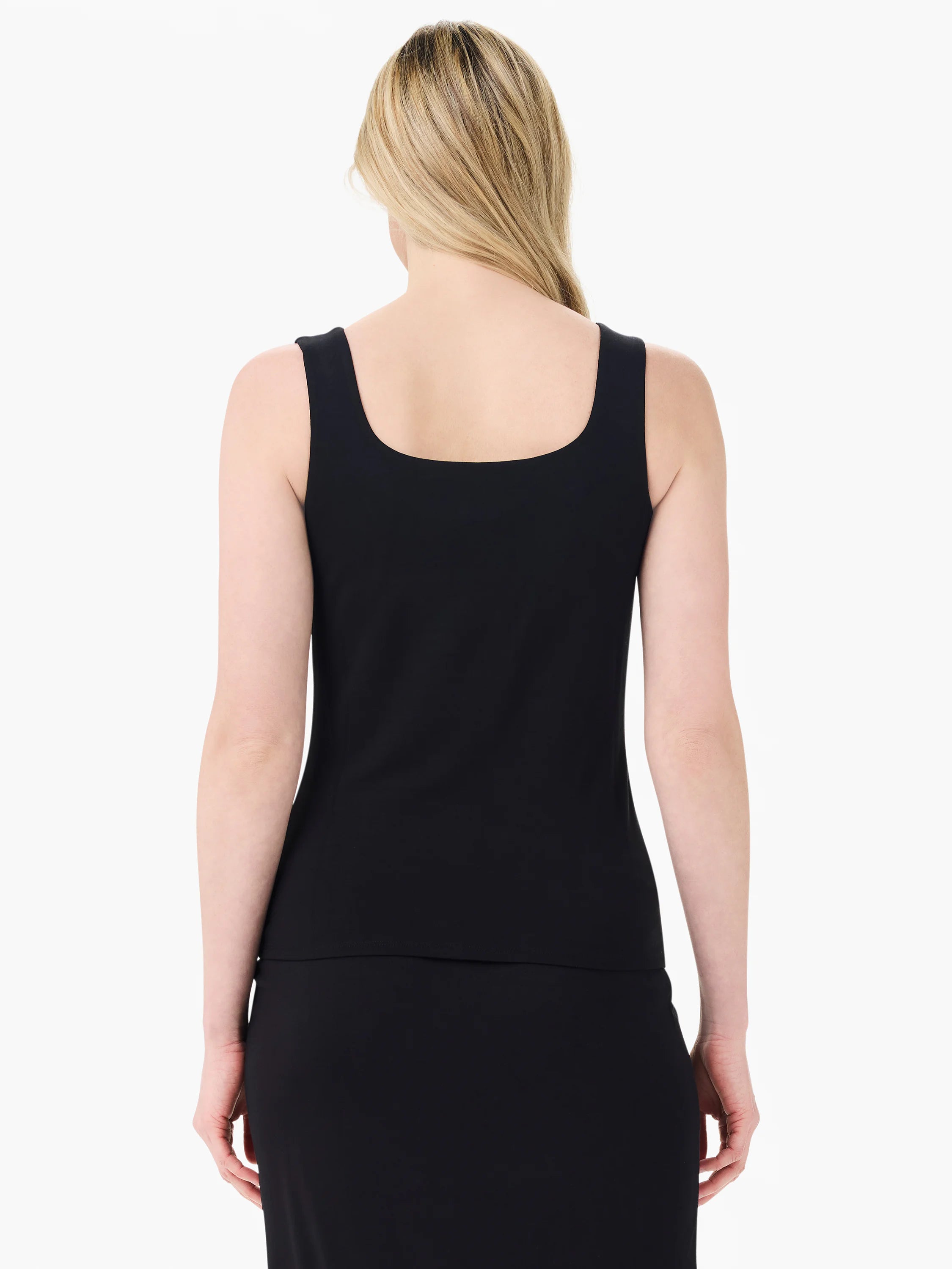 Black tank top, back view on model. Features a square back neckline, sleeveless, and a fitted silhouette.