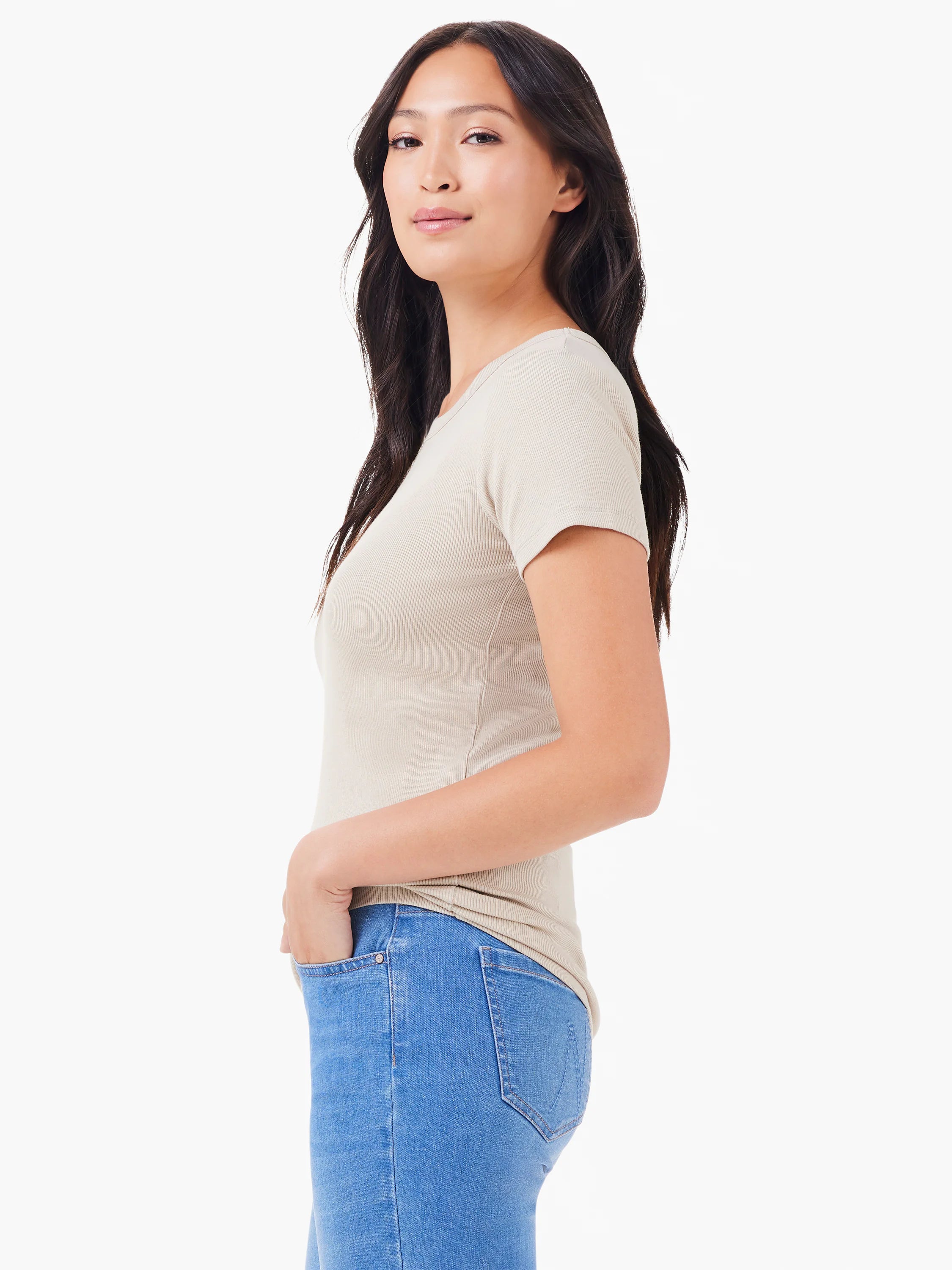 Light beige ribbed knit short sleeve crew neck tee.