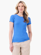 Bright blue ribbed knit short sleeve crew neck tee.