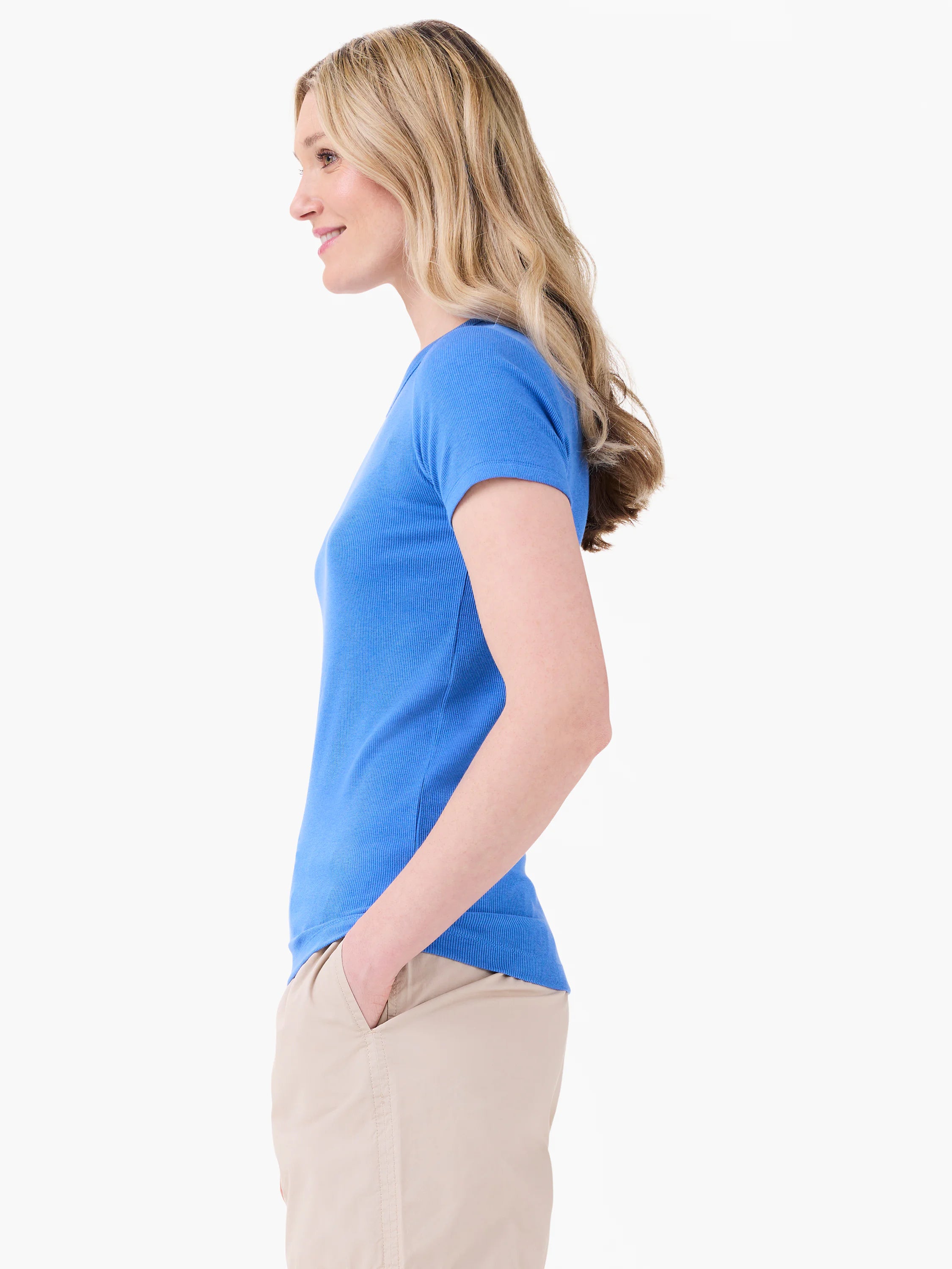 Blue ribbed knit short sleeve crew neck tee, fitted.