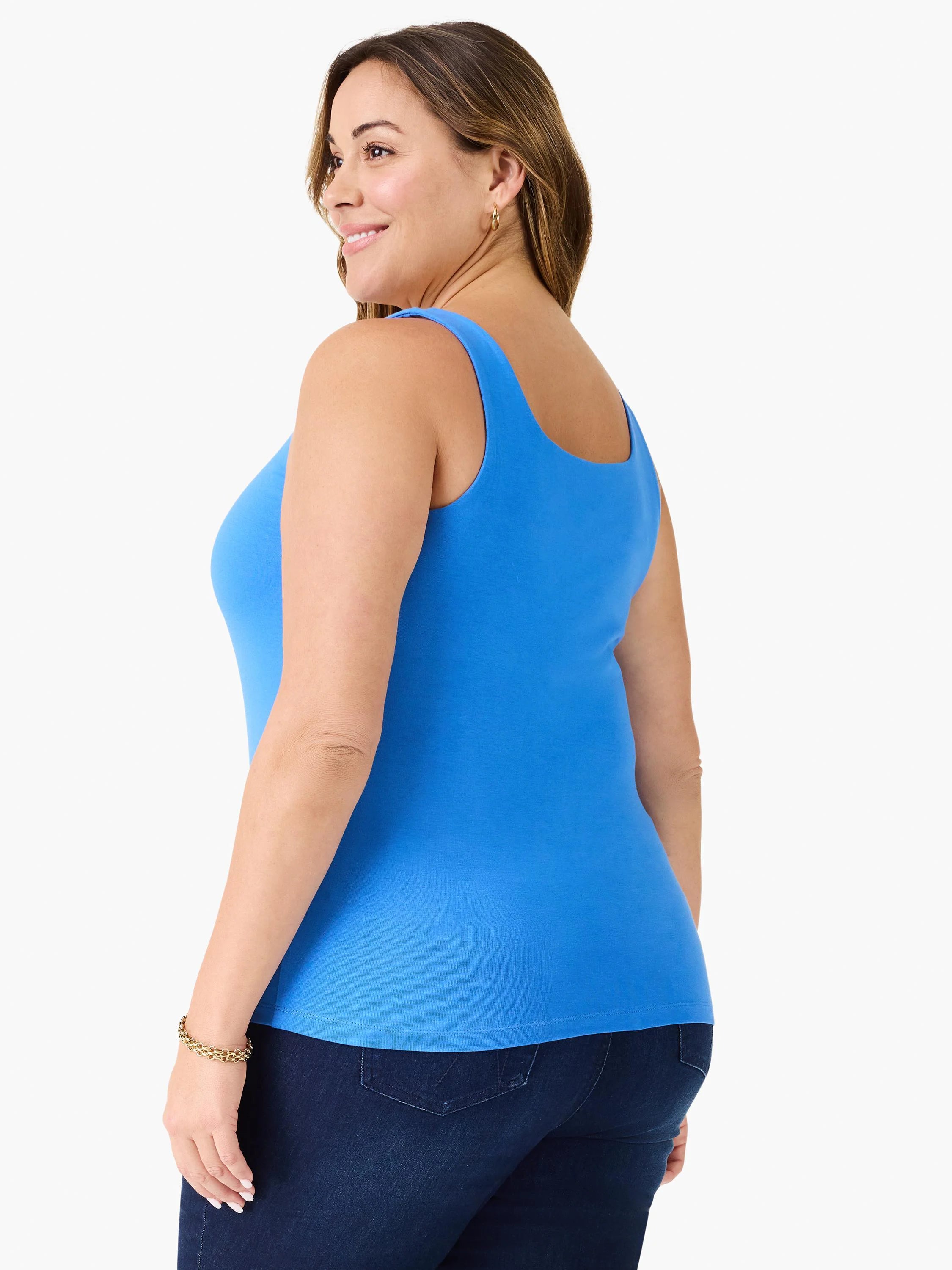 Vibrant blue tank top with U-neck and wide straps, form-fitting, shown from the back.