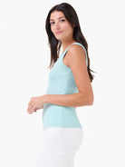 Light blue ribbed knit scoop tank top.