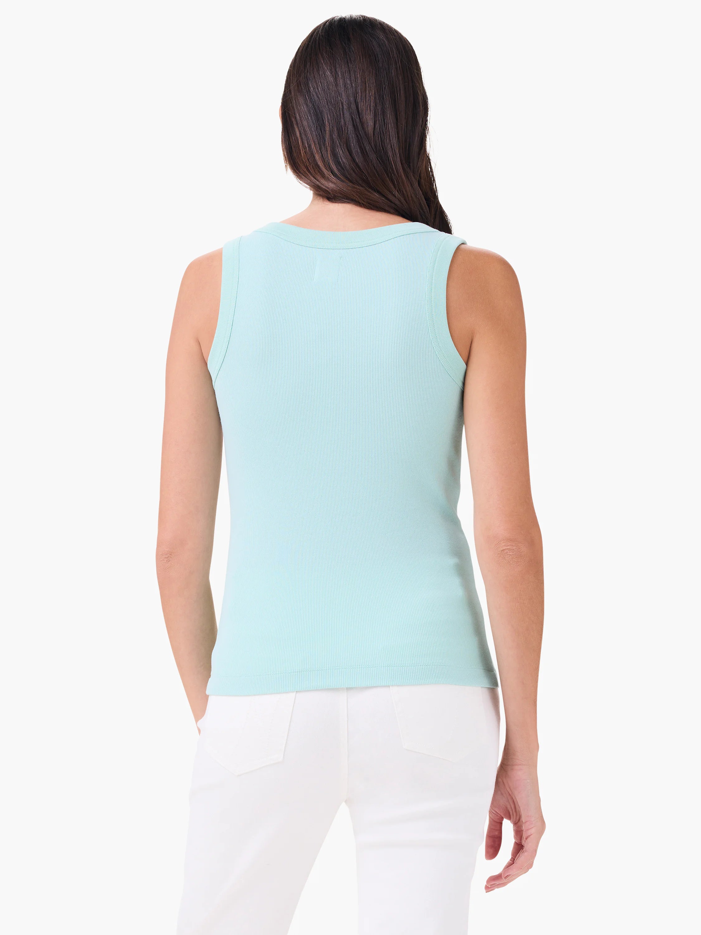 Pale blue ribbed knit scoop tank, seen from the back on a model.