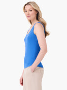 Blue knit ribbed scoop neck tank top.