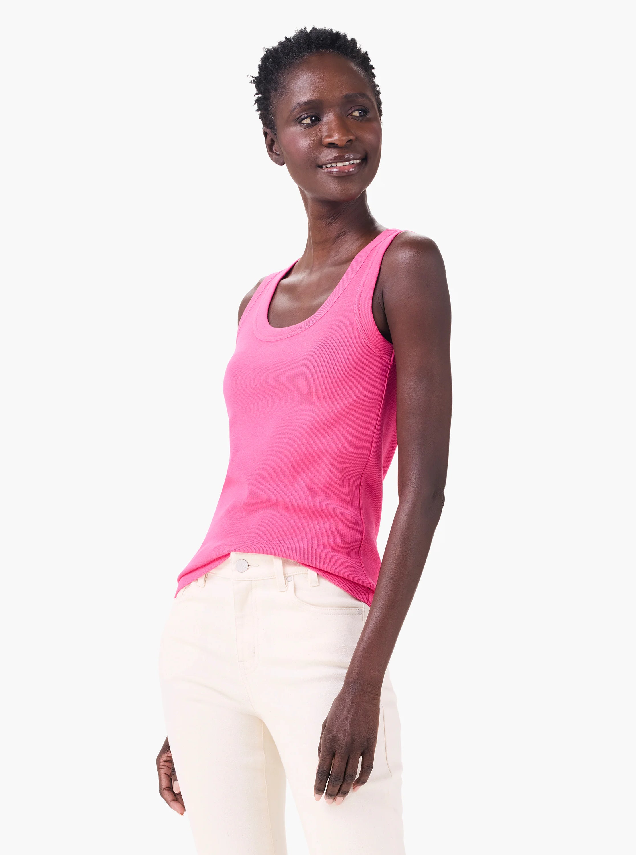 Fuchsia ribbed scoop neck tank top on a model.