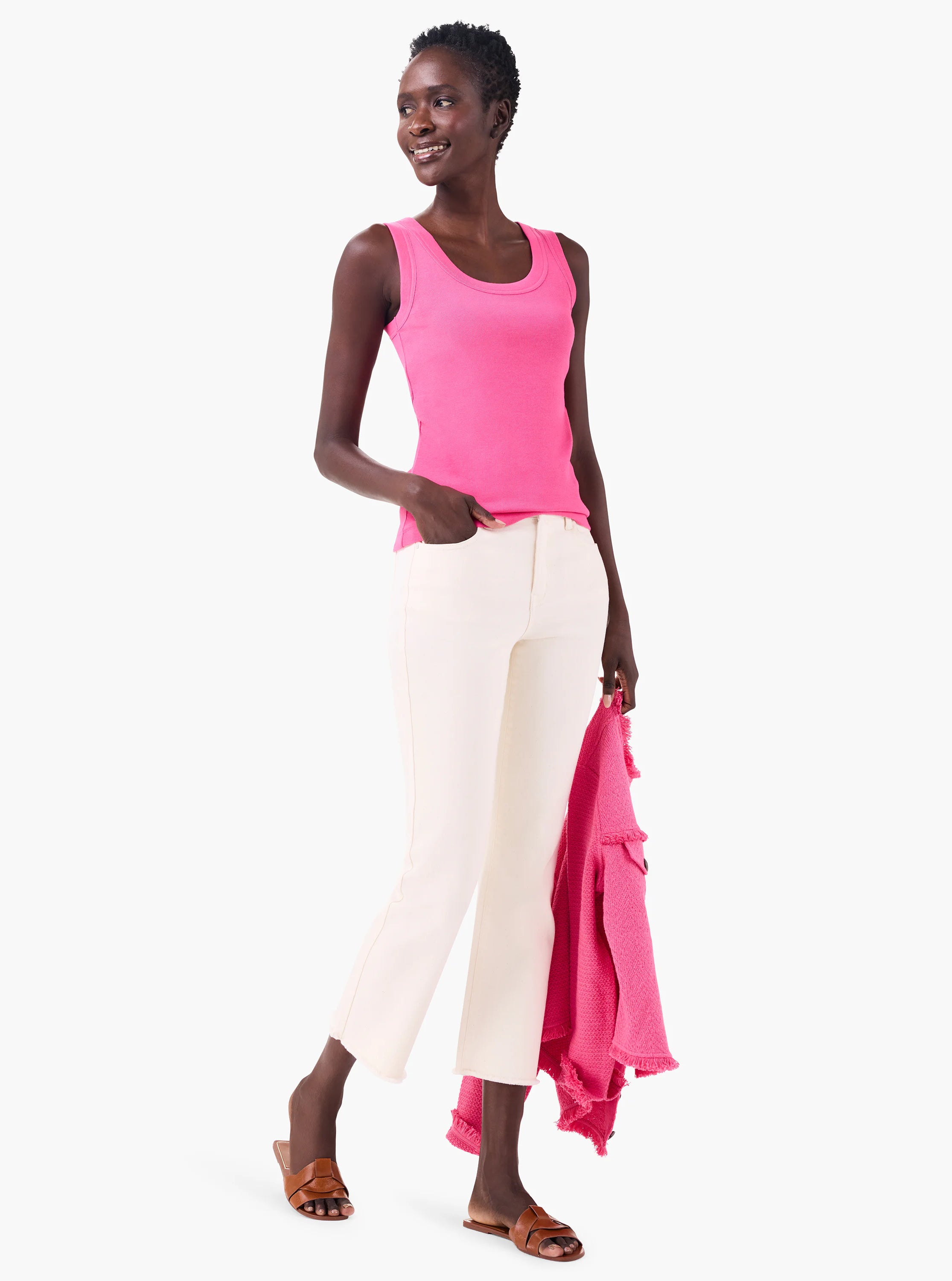 Bright pink ribbed knit scoop neck tank top.