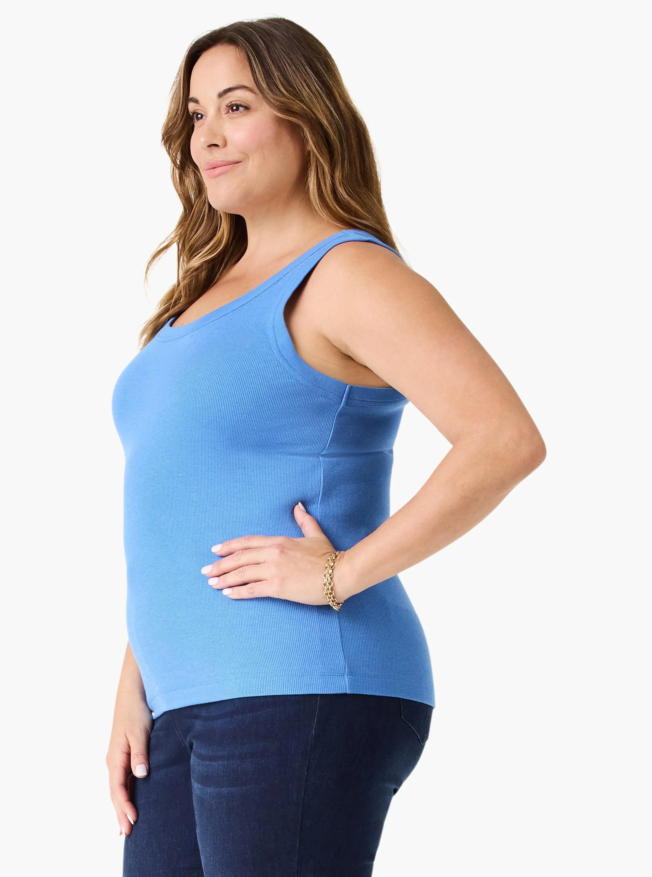 Bright blue rib-knit scoop neck tank top. Form-fitting style.