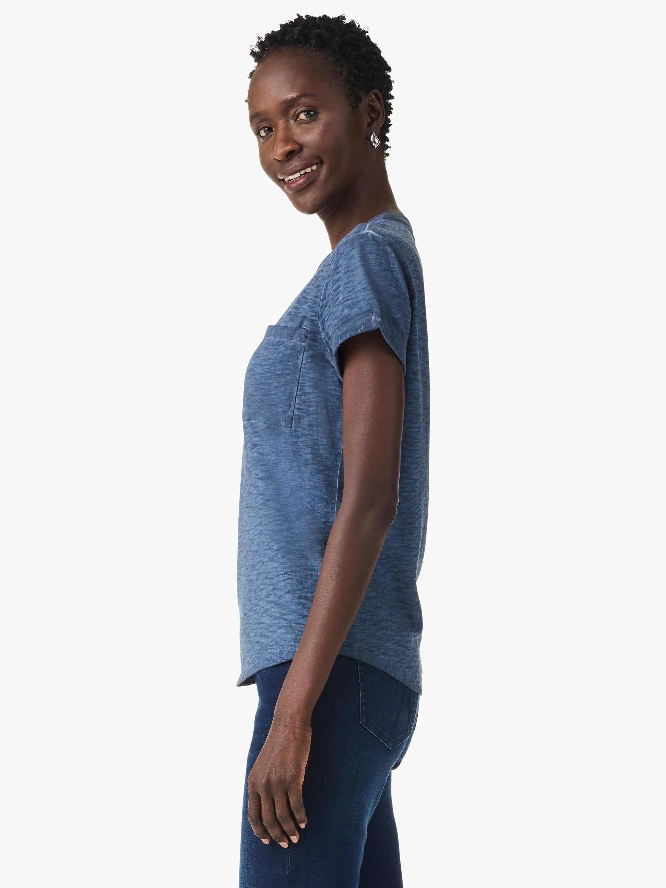 Heather blue short-sleeved top with a single chest pocket.