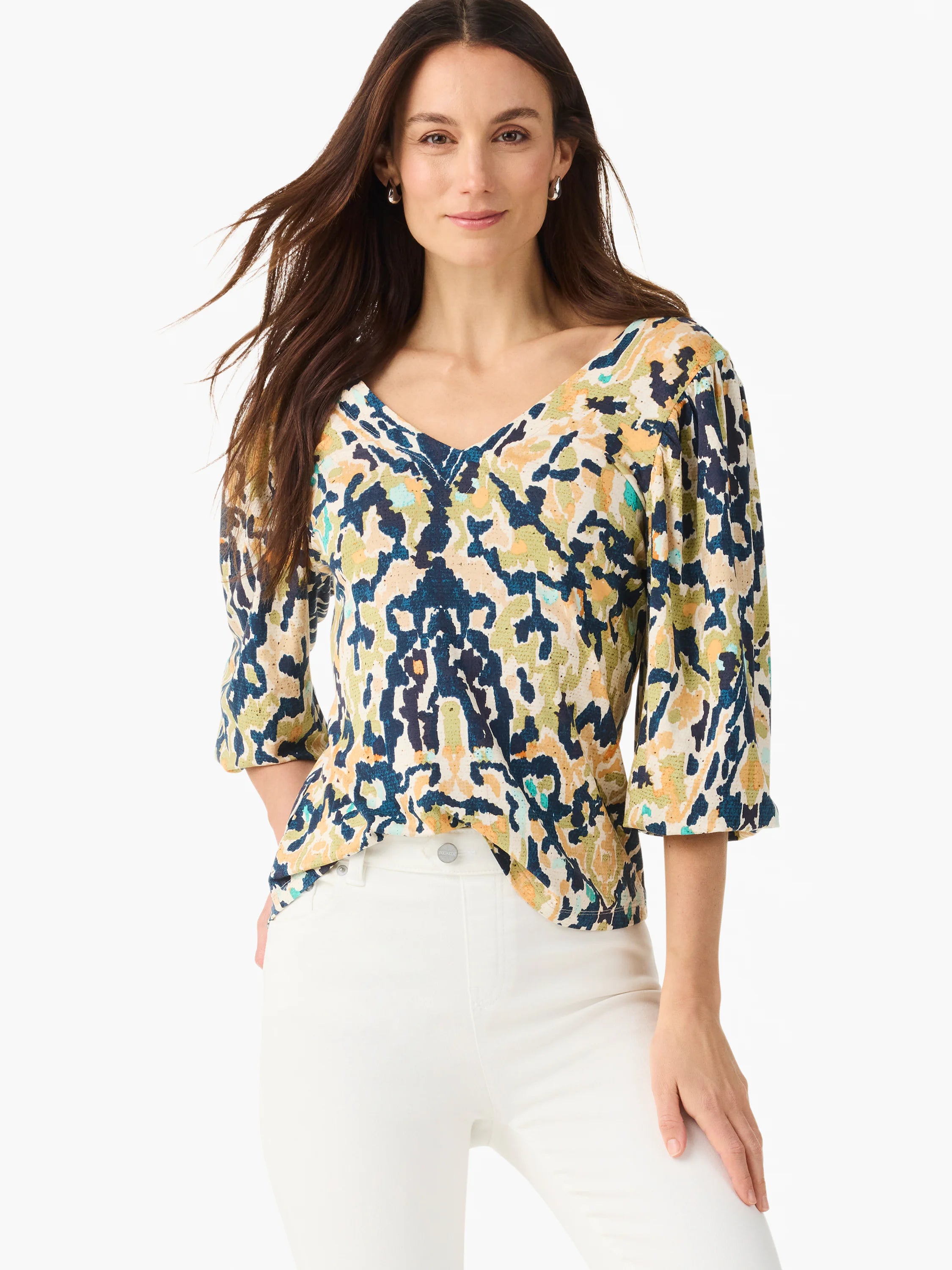 Abstract patterned V-neck top with 3/4 sleeves in dark blue, olive green, beige, and teal hues.
