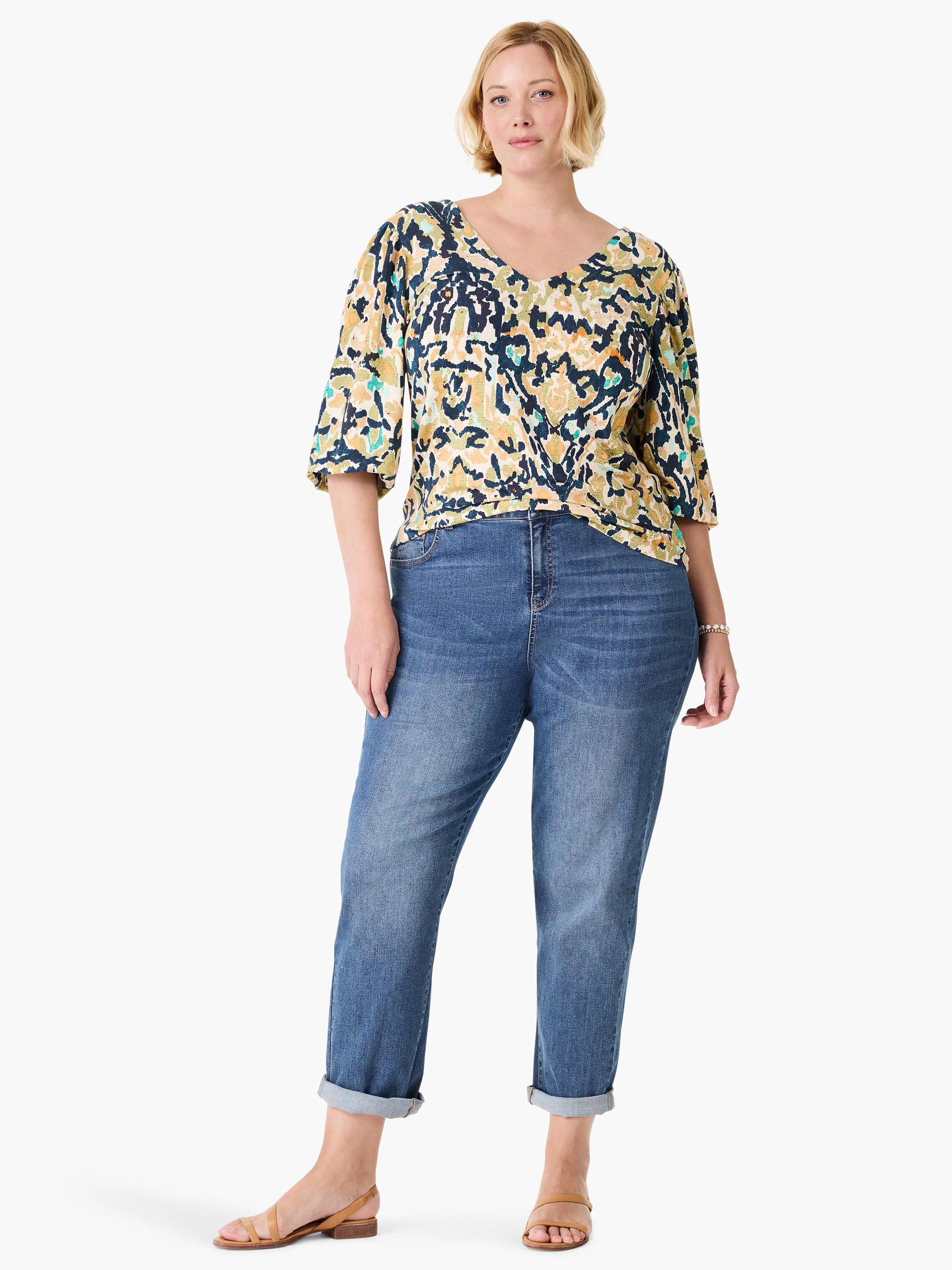 V-neck top with 3/4 sleeves in an abstract pattern of navy, olive, teal, cream, and orange.