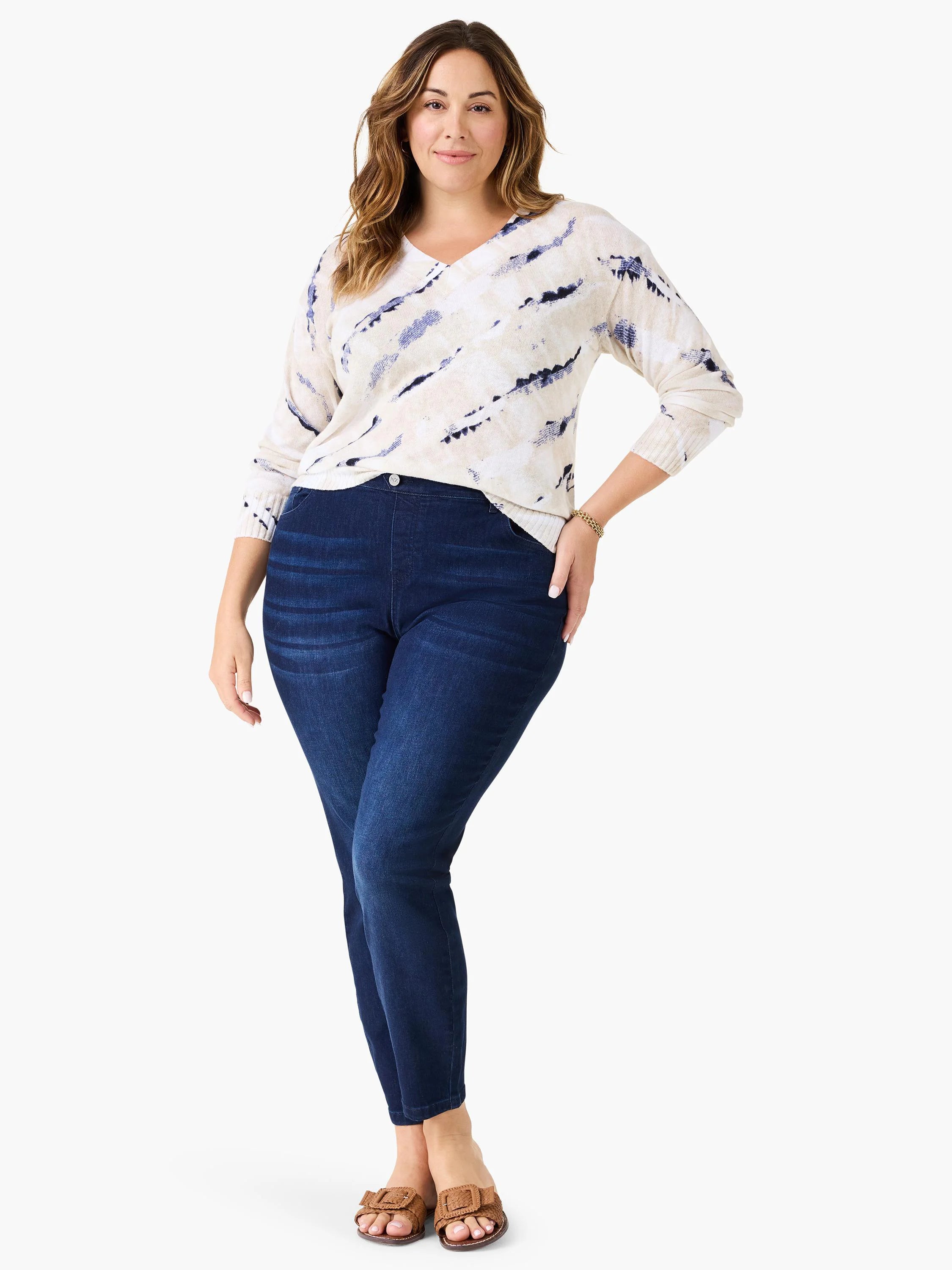 Light cream V-neck sweater with streaky blue abstract pattern, 3/4 sleeves.