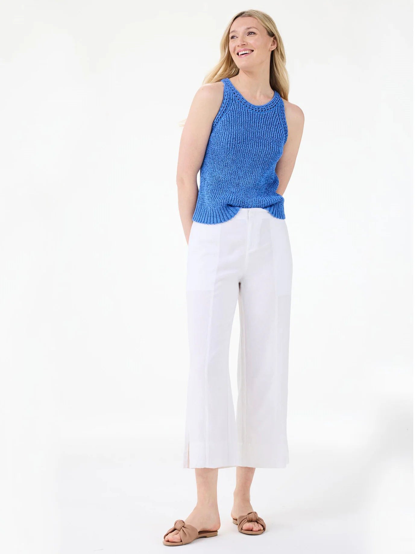 Blue ribbed tape yarn high neck tank top.