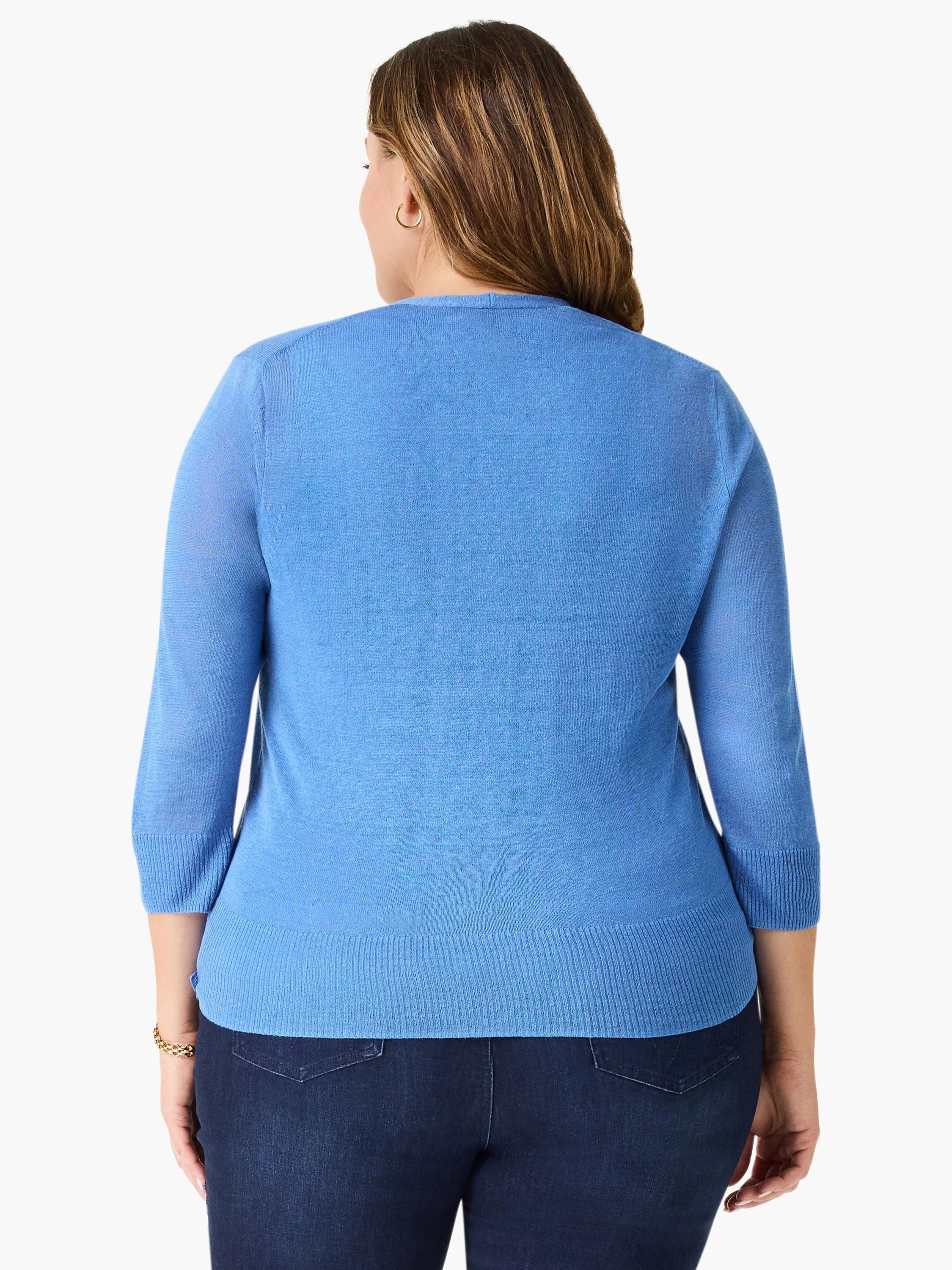 Sky blue knit cardigan, back view. Model wears 3/4 sleeves with ribbed cuffs and a ribbed hem.