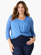 Bright blue lightweight cardigan, tied at waist, with 3/4 ribbed sleeves.