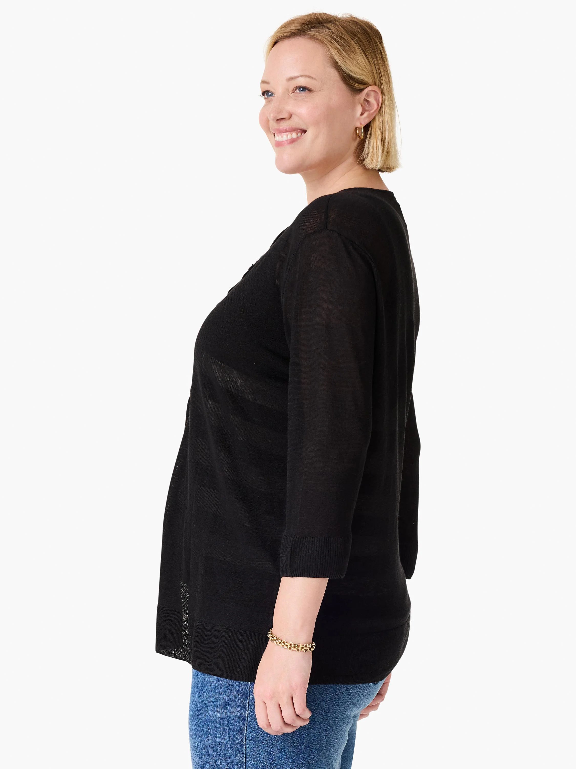 Black, sheer cardigan with 3/4 sleeves, ribbed cuffs, and a loose, draped fit.