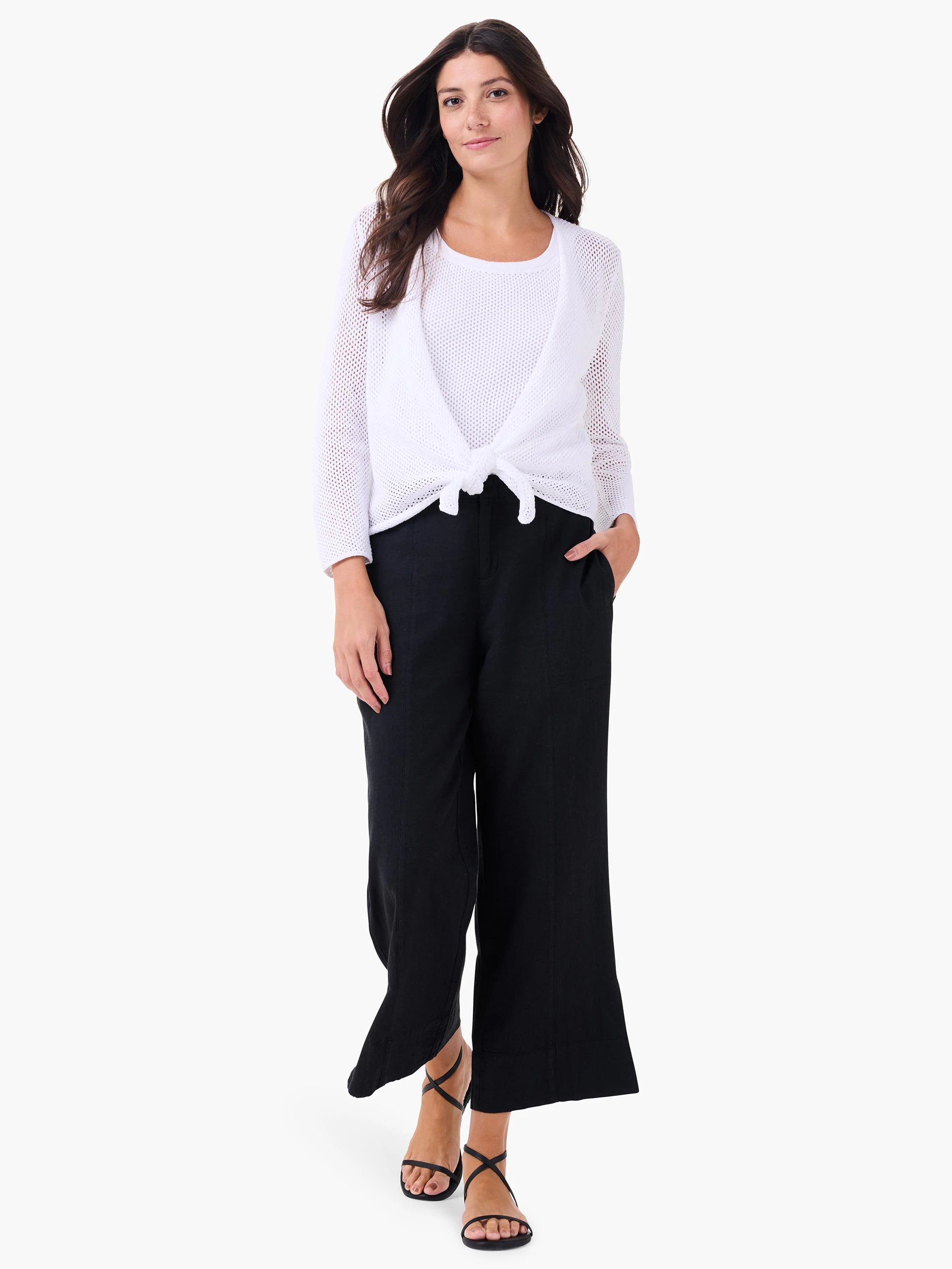 White mesh cardigan with an open weave texture, tied at the front.