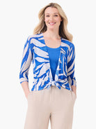 Blue and light beige abstract pattern cardigan with 3/4 sleeves, tied at the front.