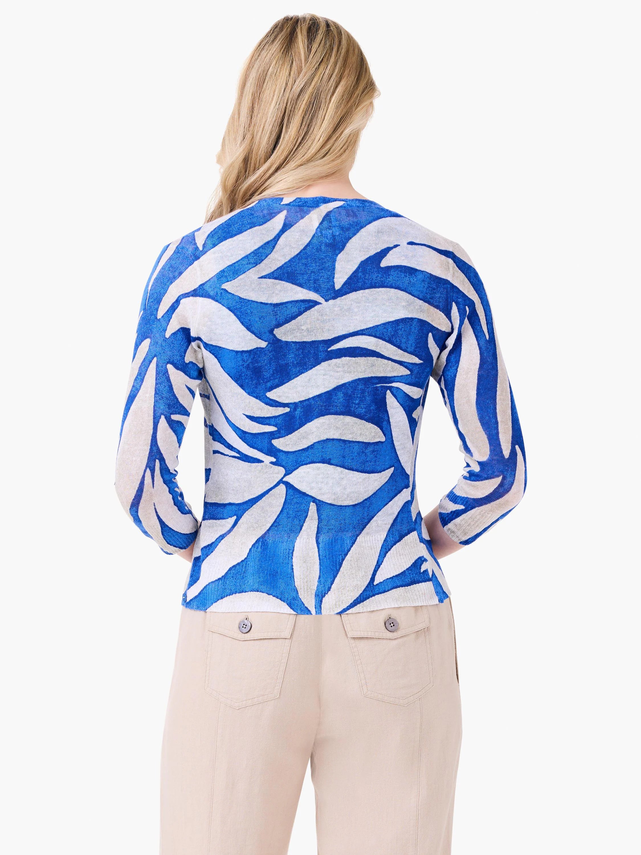 Back of blue & off-white long-sleeve cardigan with abstract leaf pattern.