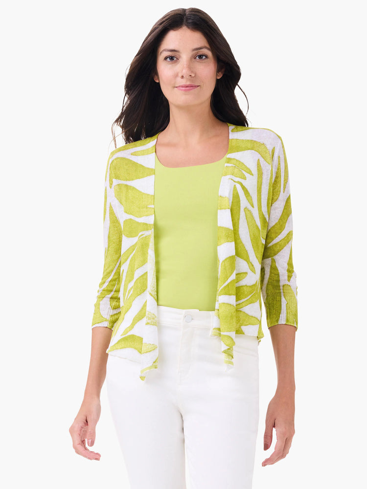 Cardigan with bold lime green irregular shapes on white. Open front, 3/4 sleeves.