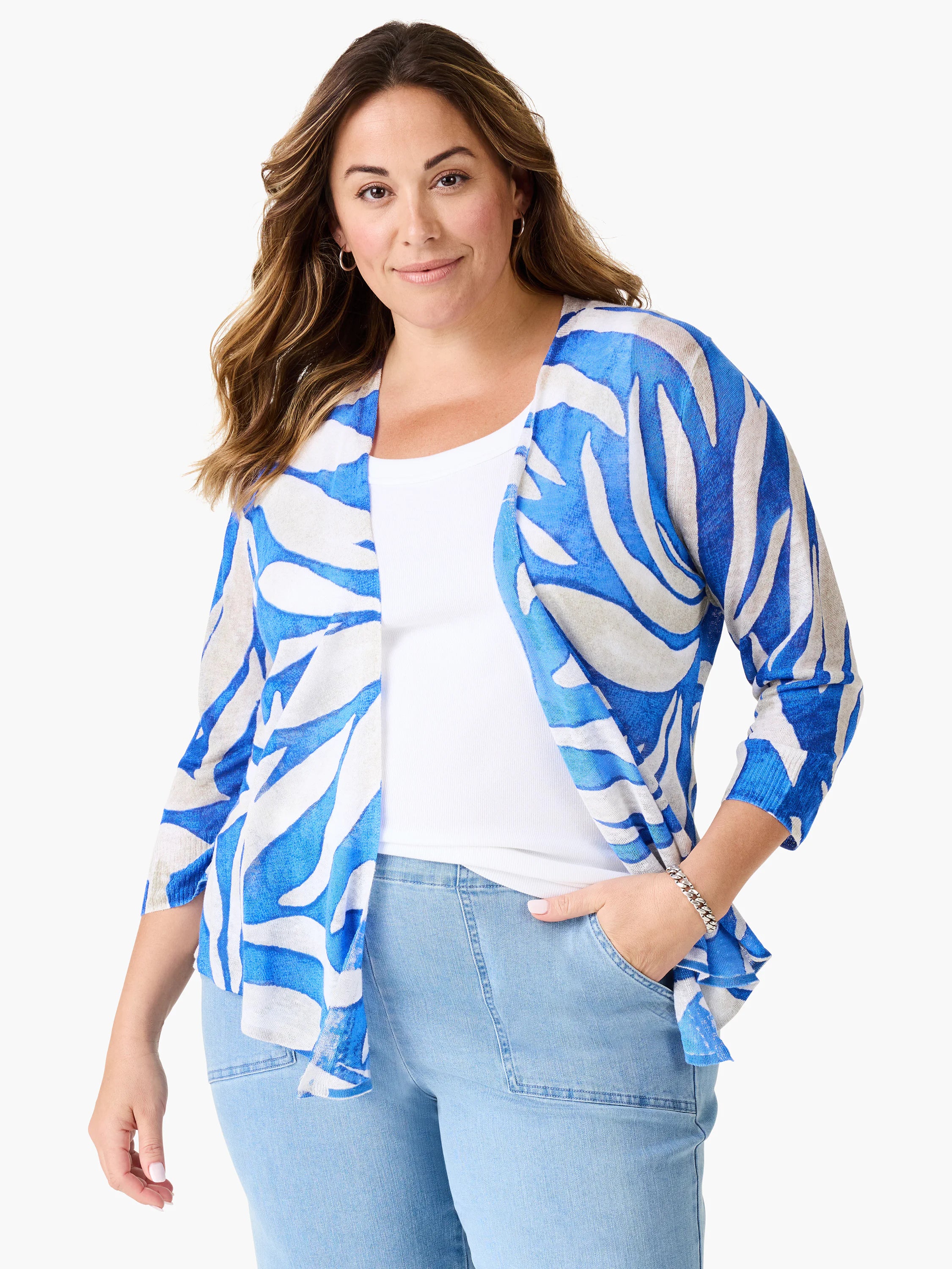 Blue and white open cardigan with organic, wavy patterns and 3/4 length sleeves.