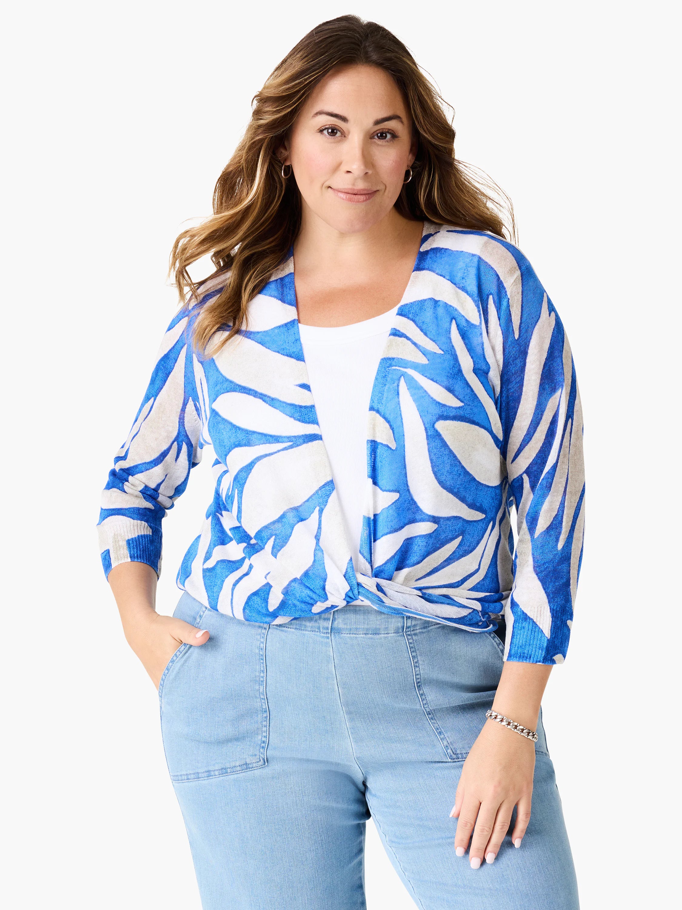 Blue and off-white organic pattern open cardigan, tied at waist with 3/4 sleeves.