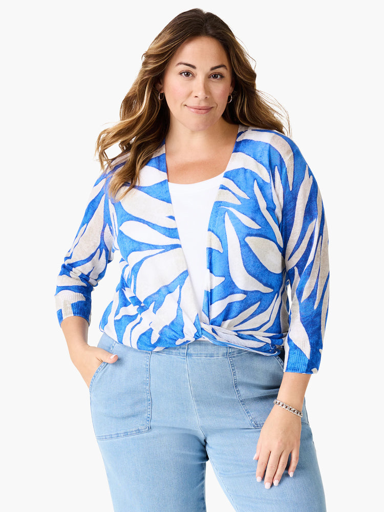 Blue & white abstract pattern open-front cardigan with 3/4 sleeves, tied at waist.
