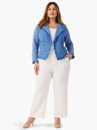 Blue & white mix knit jacket with fringe at lapels, cuffs, and hem.