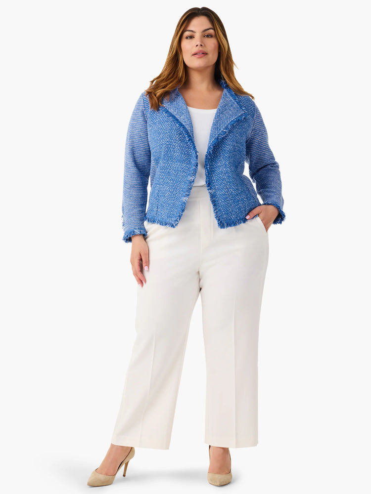 Blue & white mix knit jacket with fringe at lapels, cuffs, and hem.