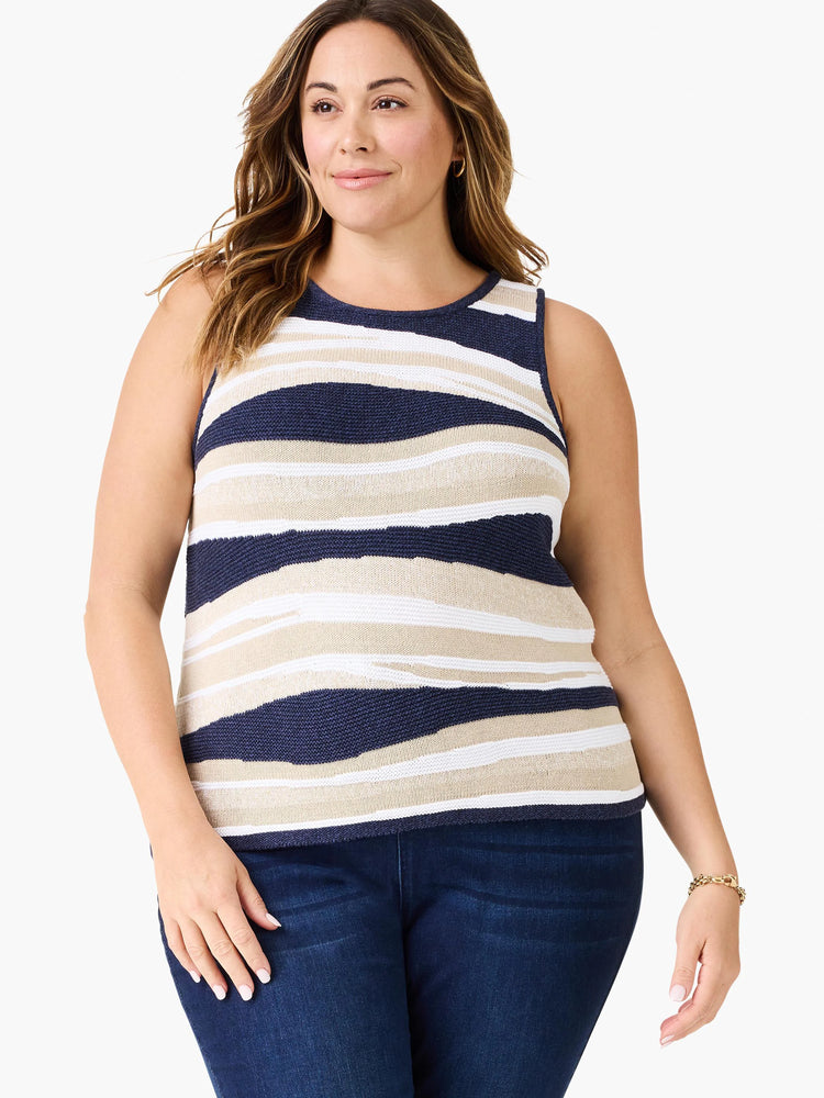 Navy, white, and tan knit sweater tank with wavy horizontal stripes.