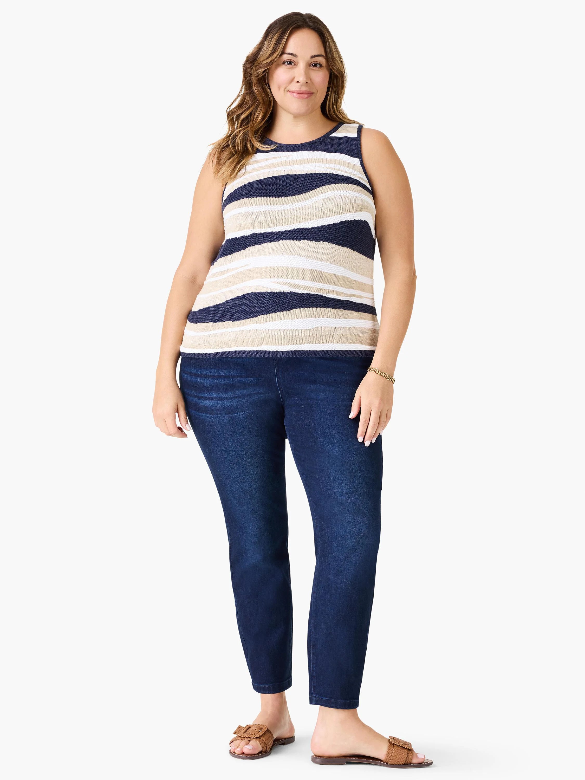 Knit tank top with navy, cream, and tan wavy horizontal stripes.
