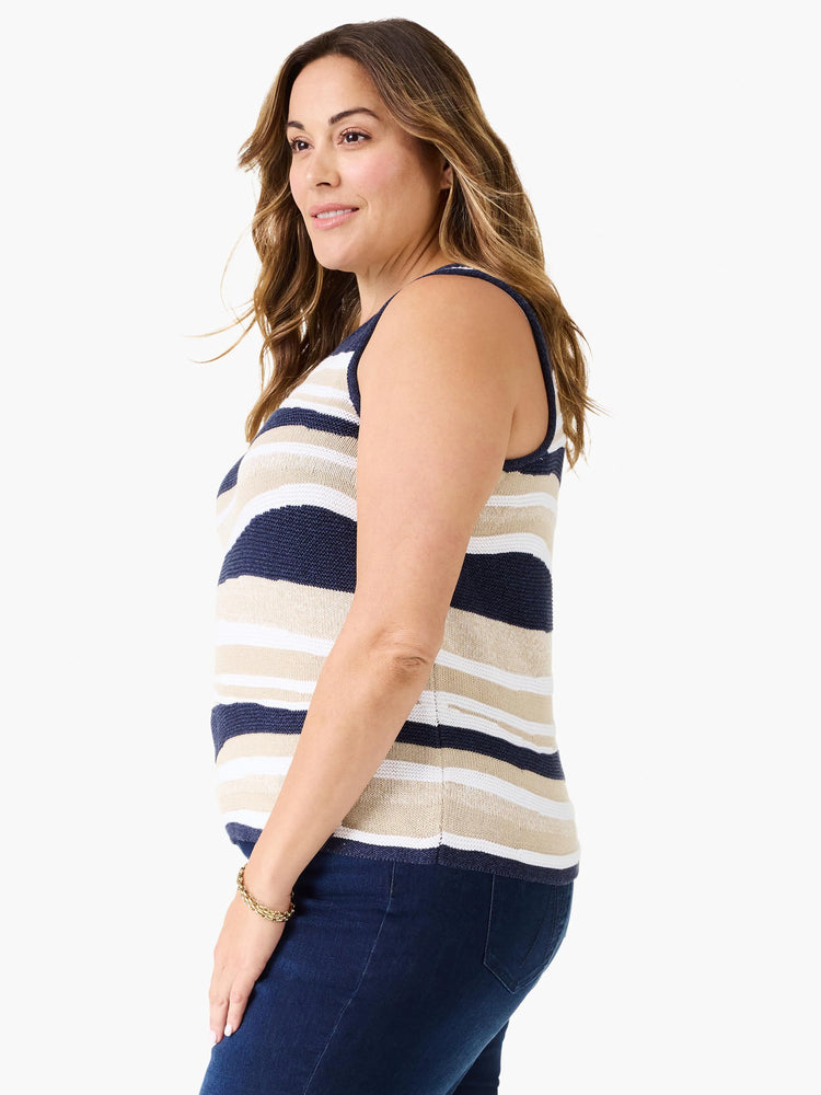 Sleeveless knit tank with navy, cream, and tan horizontal stripes of varying widths.