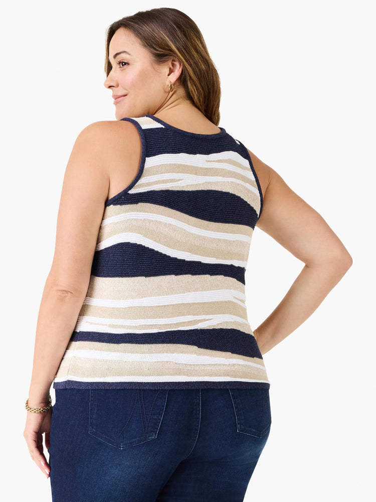 Navy, beige, and white knit sweater tank with wavy horizontal stripes.