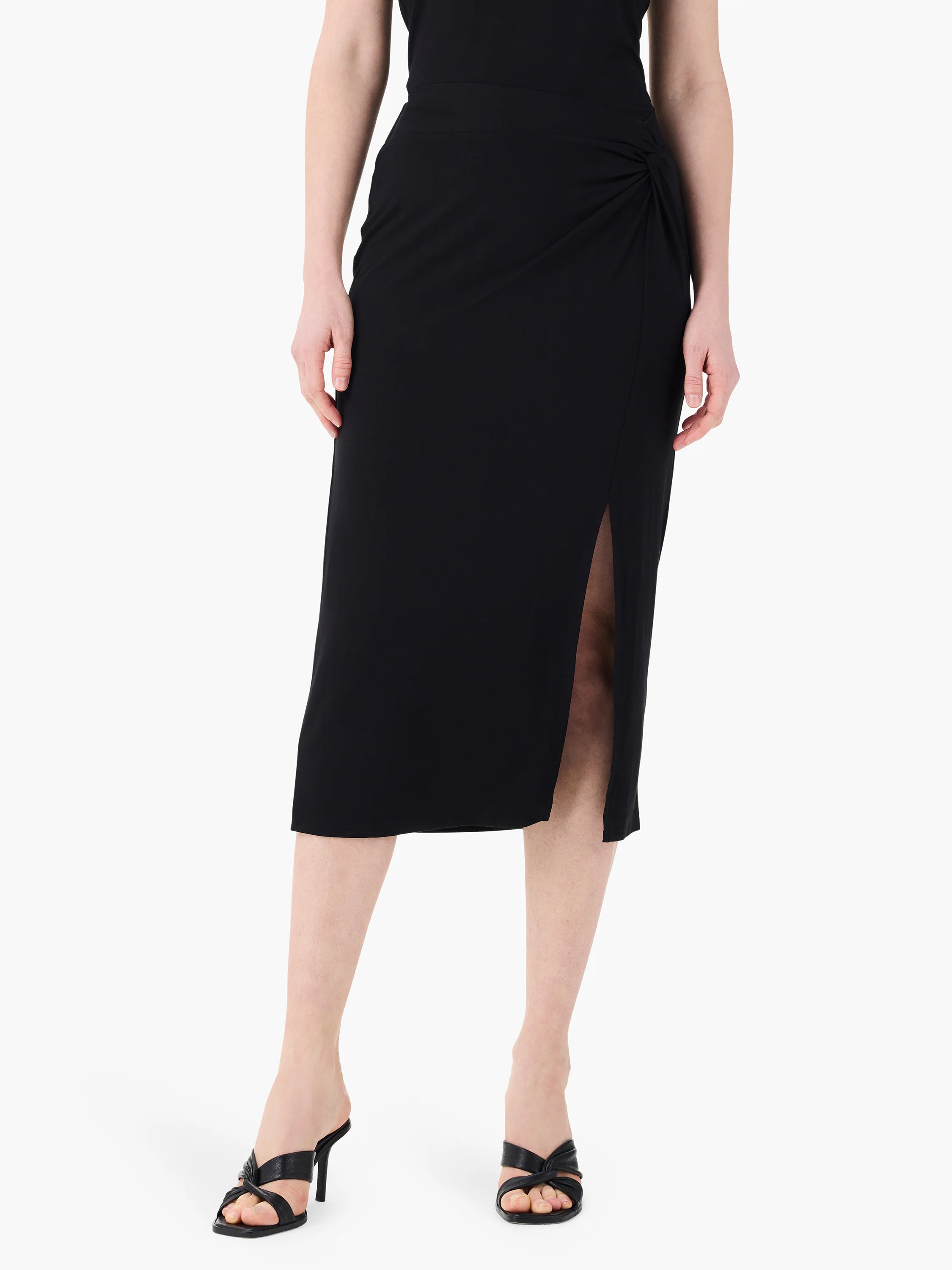 Black jersey midi sarong skirt with a ruched side knot and a side slit.