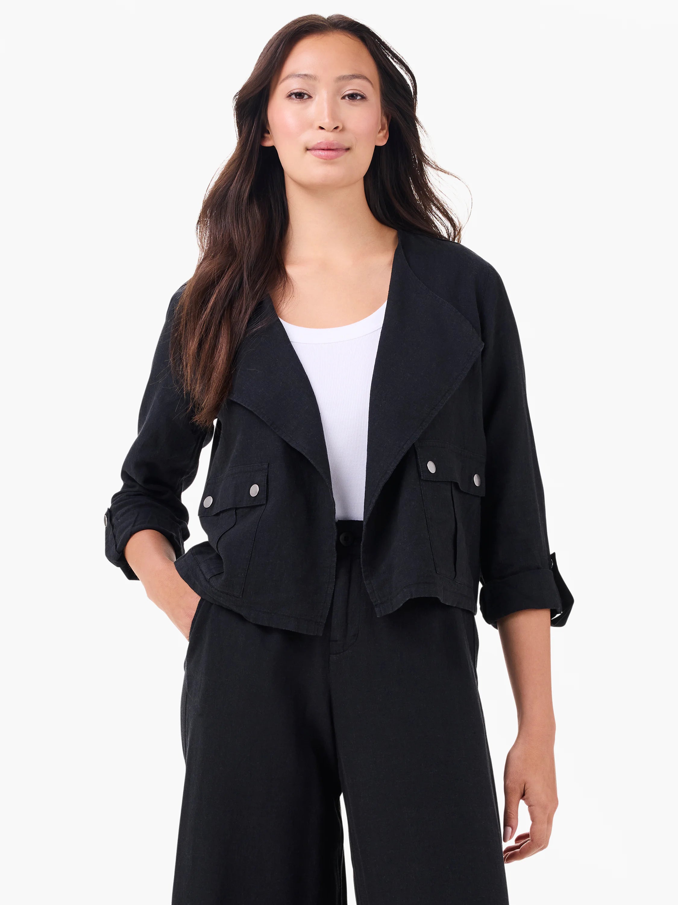Black cropped linen moto jacket, open-front, wide lapels, 3/4 cuffed sleeves, snap-flap chest pockets.