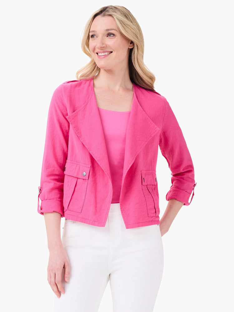 Fuchsia linen moto jacket, open, with wide lapels, two flap pockets, and button-tab 3/4 sleeves.