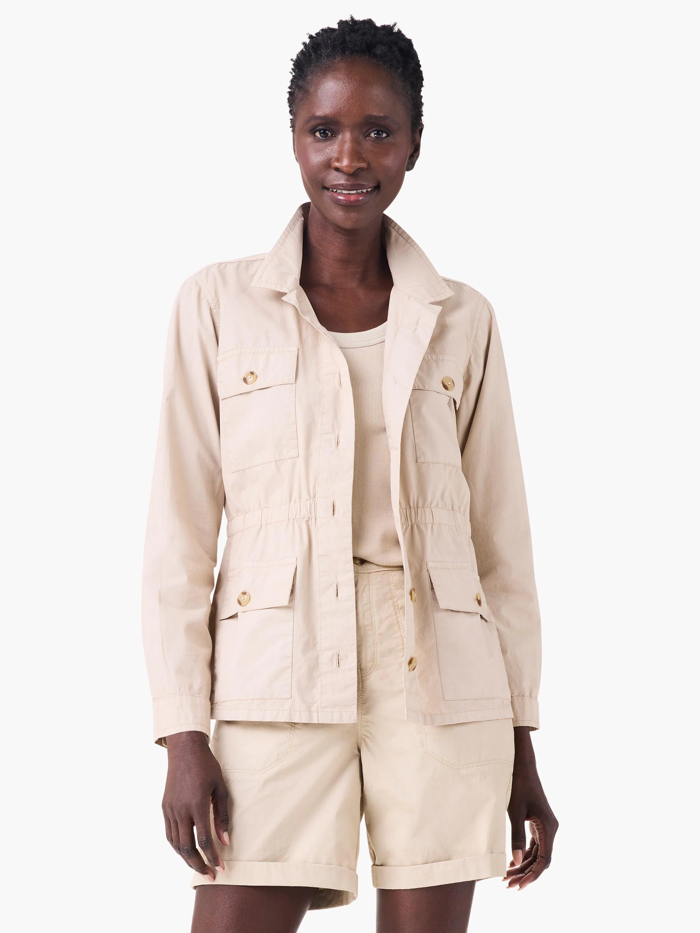 Light beige poplin jacket with a collared neck, button front, four button-flap pockets, and a cinched drawstring waist.