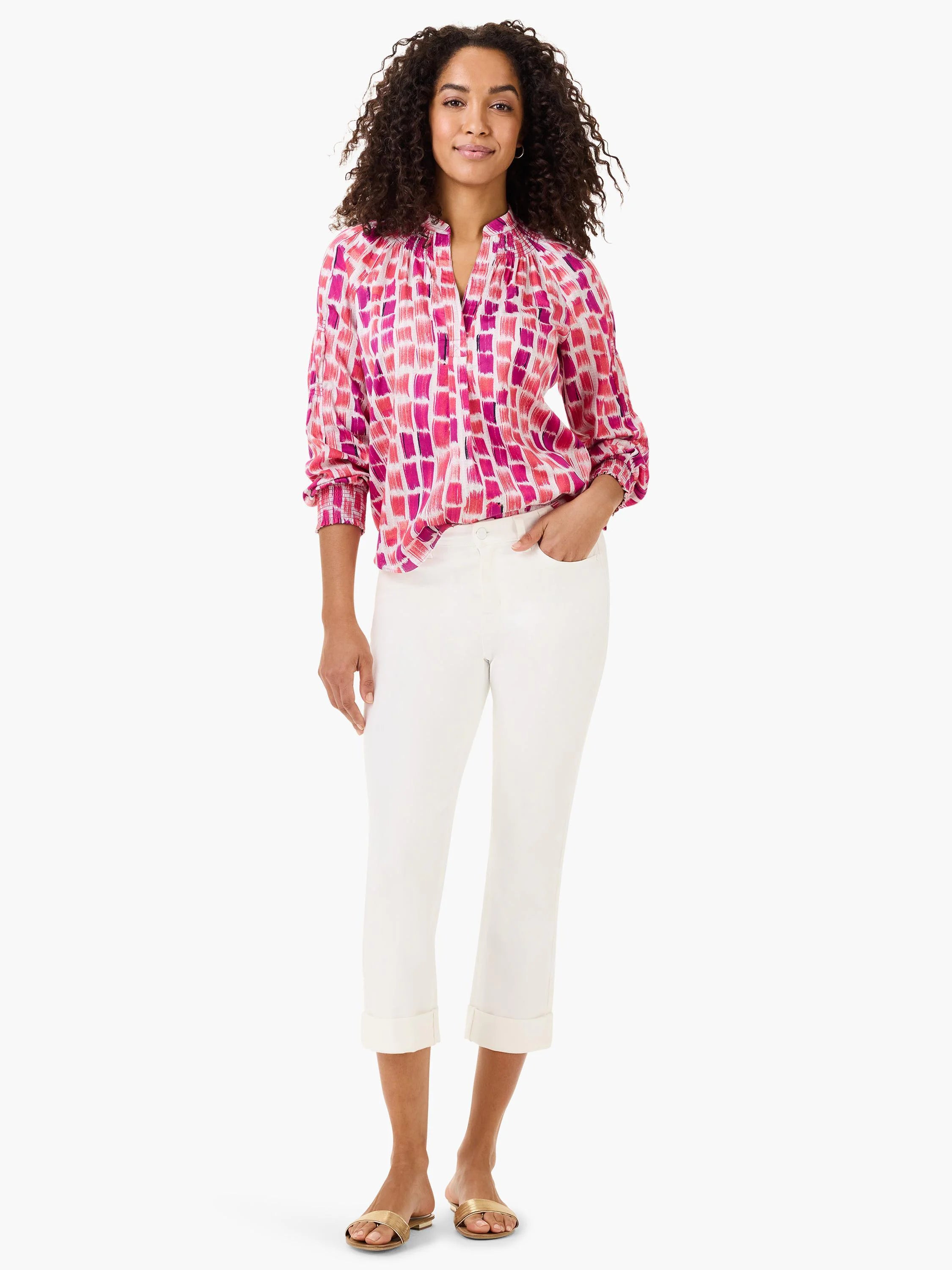 Pink and white brushstroke print top with mandarin collar and smocked cuffs.