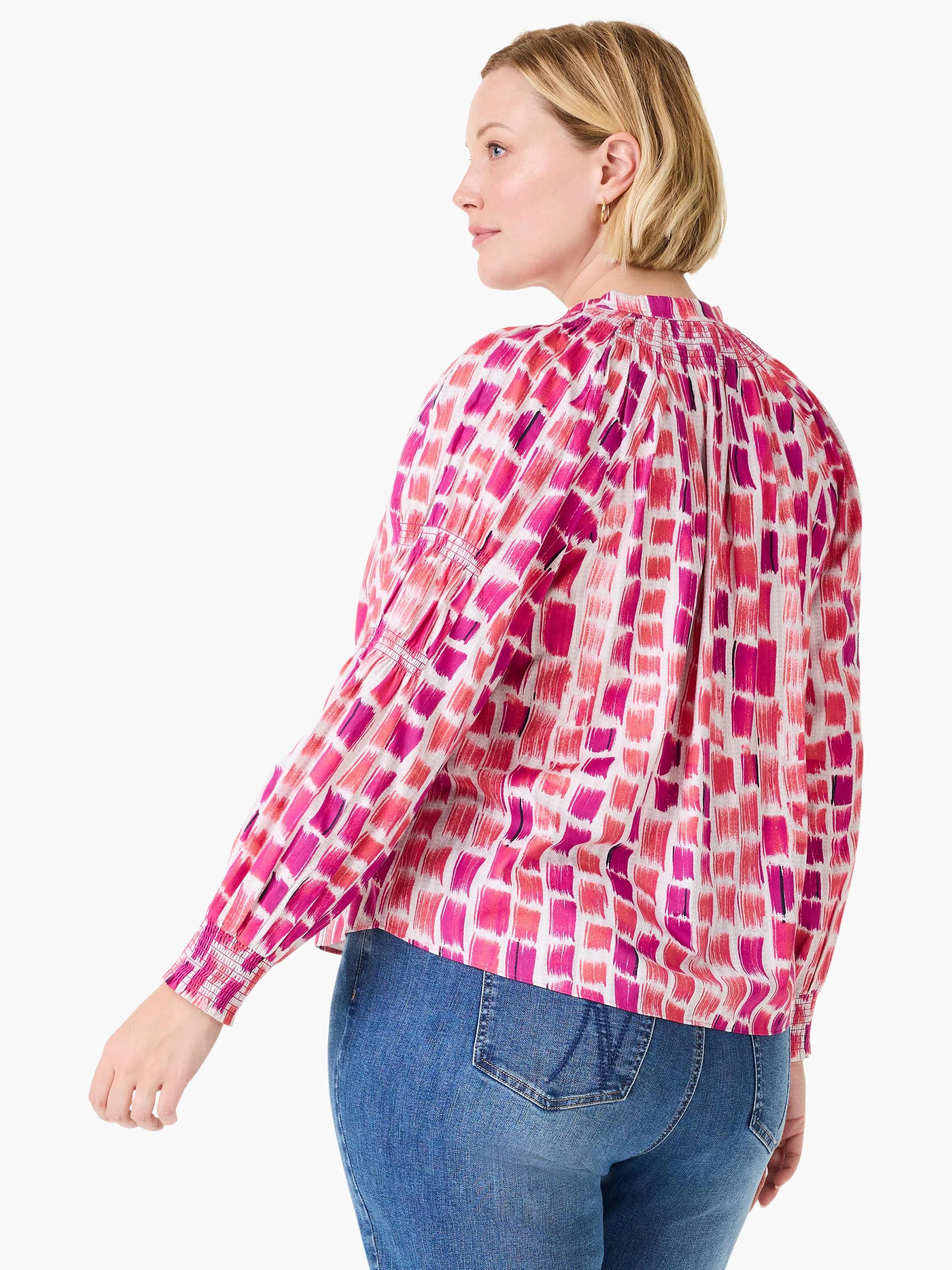 Top with abstract brushstroke pattern in fuchsia, pink, and coral on a light background. Features gathered neckline and...