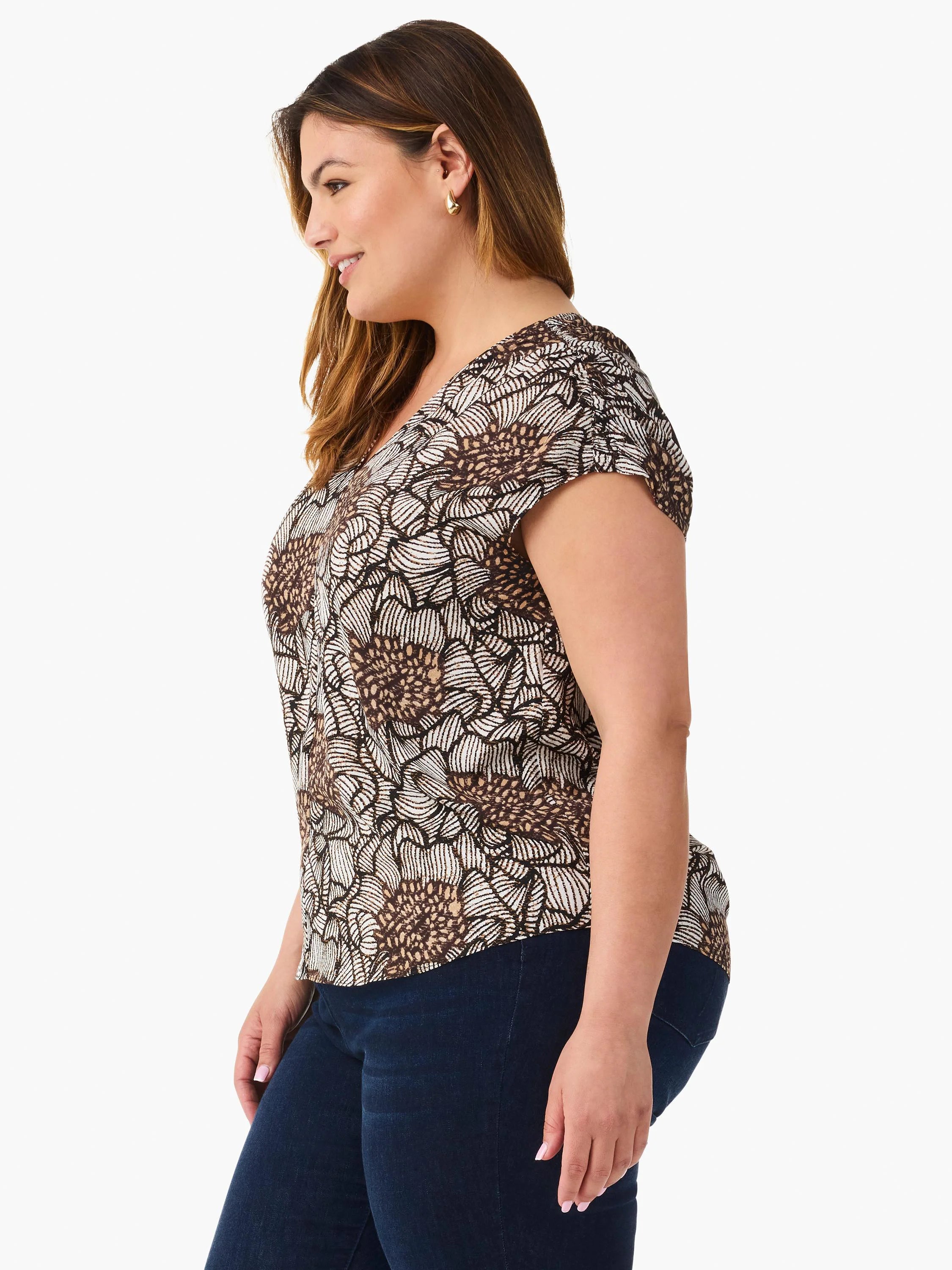 Brown, tan, white floral print V-neck top with cap sleeves.