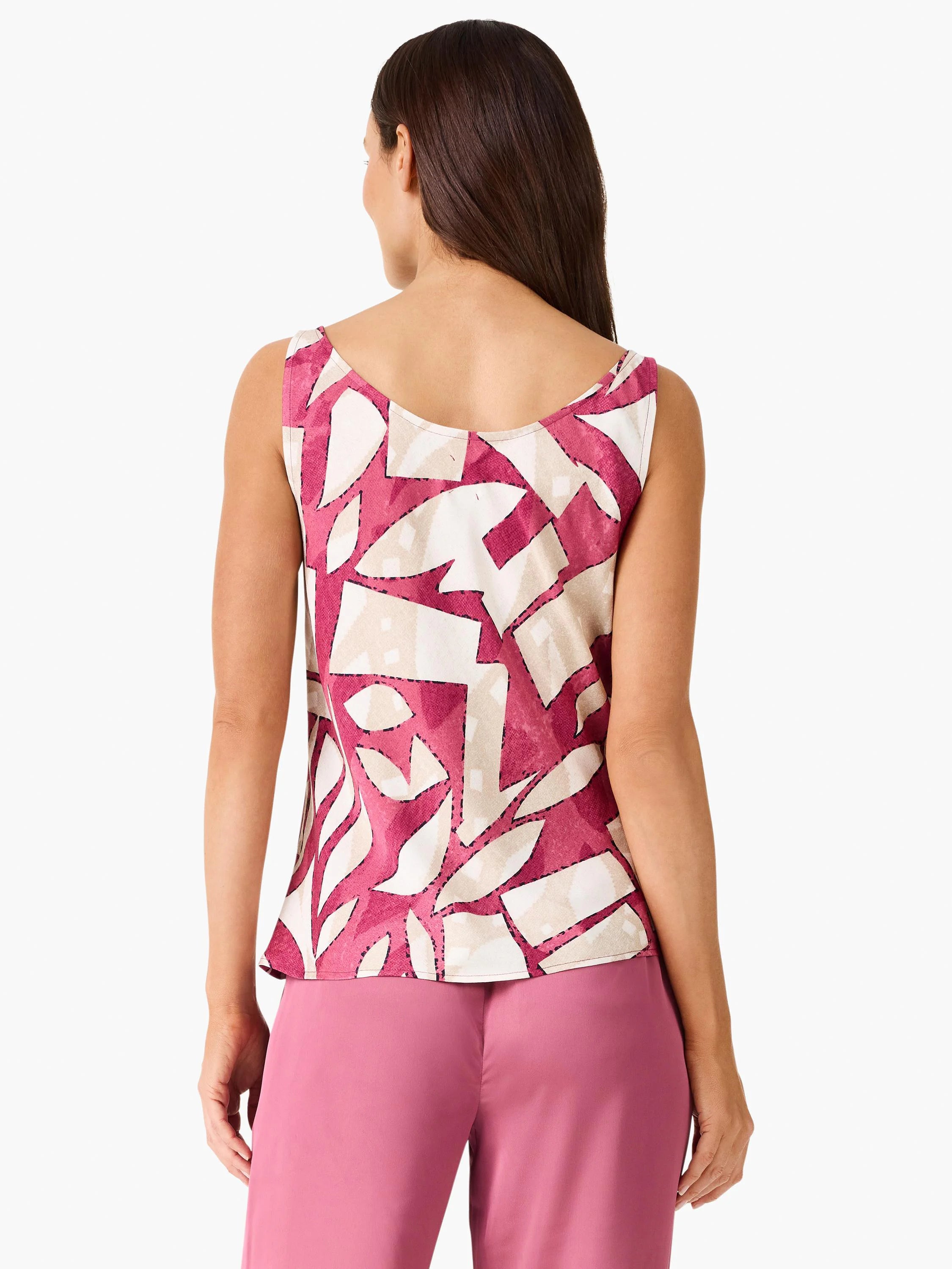 Tank top with an abstract pattern of dark pink, beige, and white shapes with dashed dark outlines. Back view.