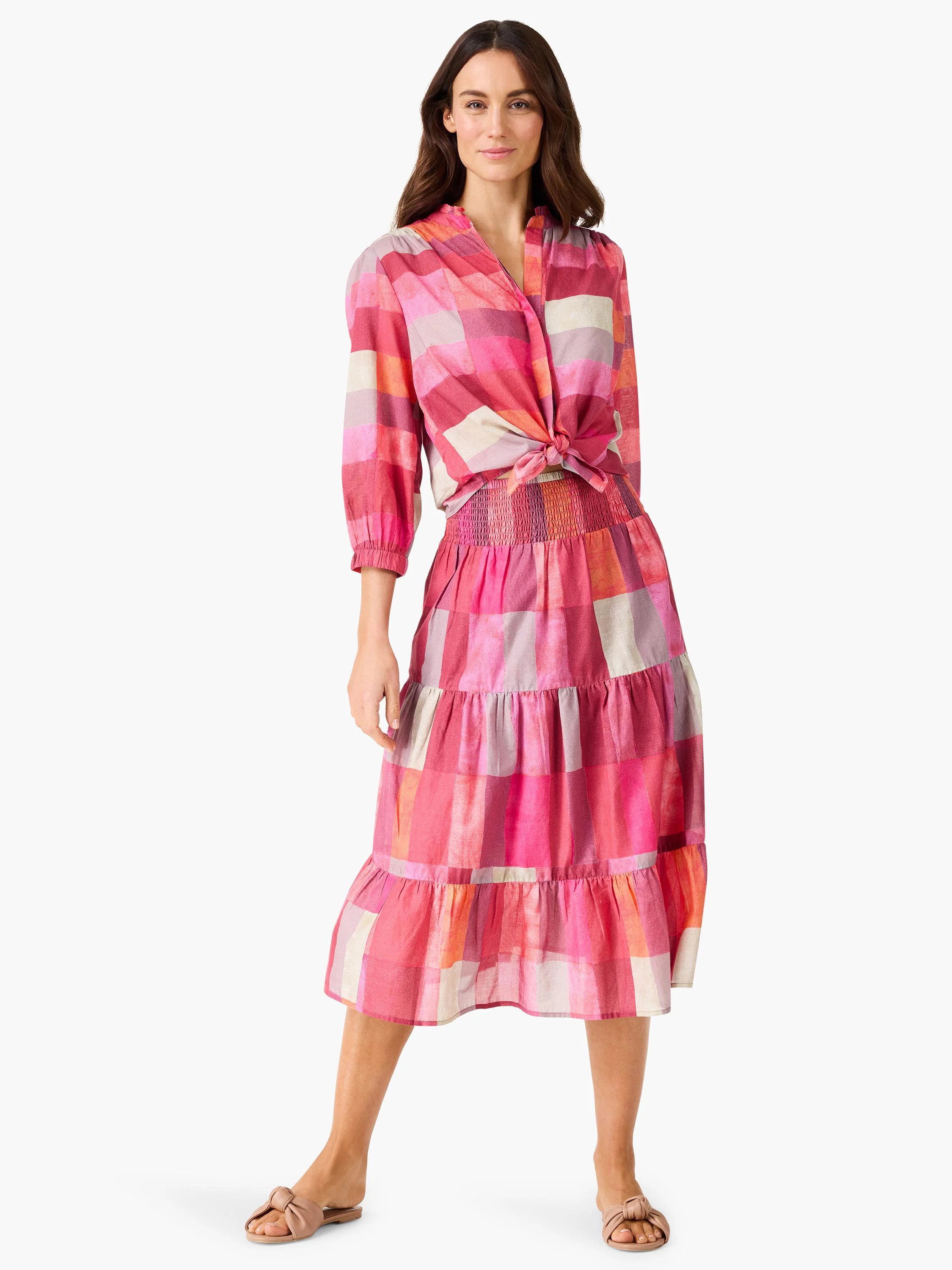 Pink, orange, and beige block plaid collared shirt with 3/4 sleeves, tied at the waist.