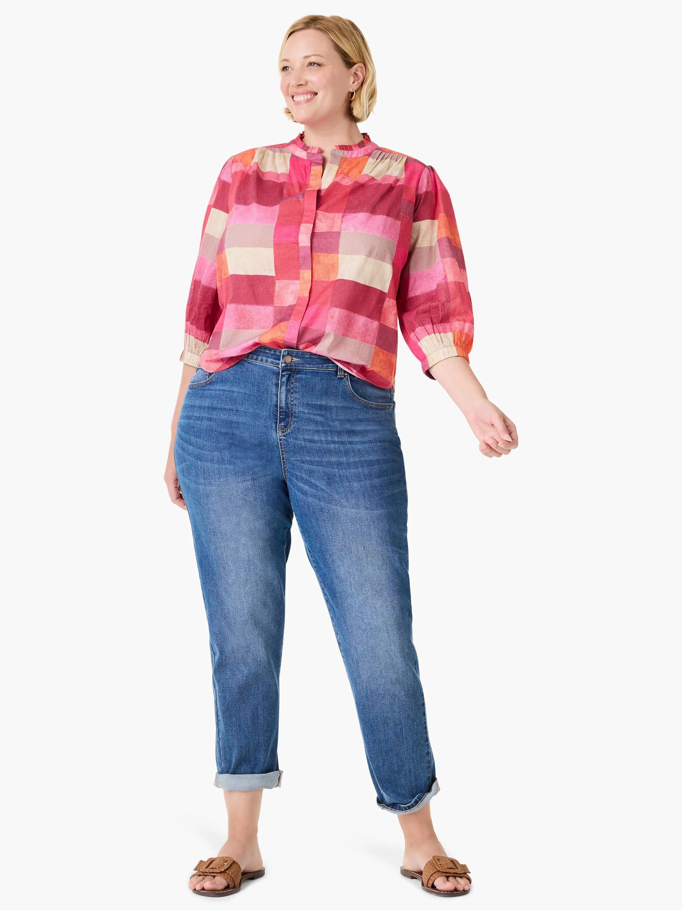 Pink, red, orange, and tan plaid shirt with a ruffled band collar and 3/4 gathered sleeves.