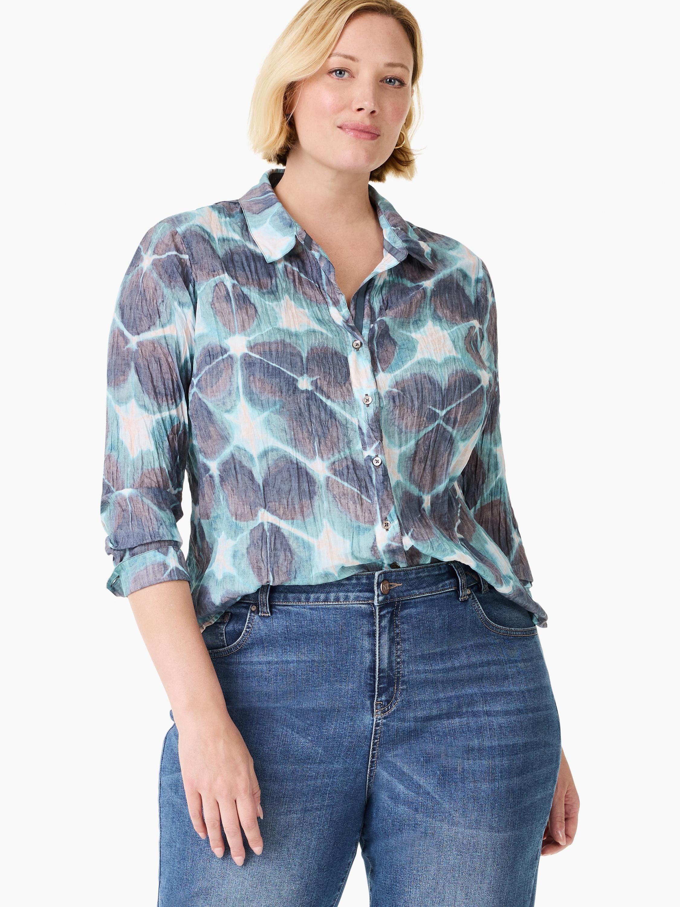 Crinkled shirt, blue, teal, and white abstract tie-dye pattern, button-front, with 3/4 rolled sleeves.