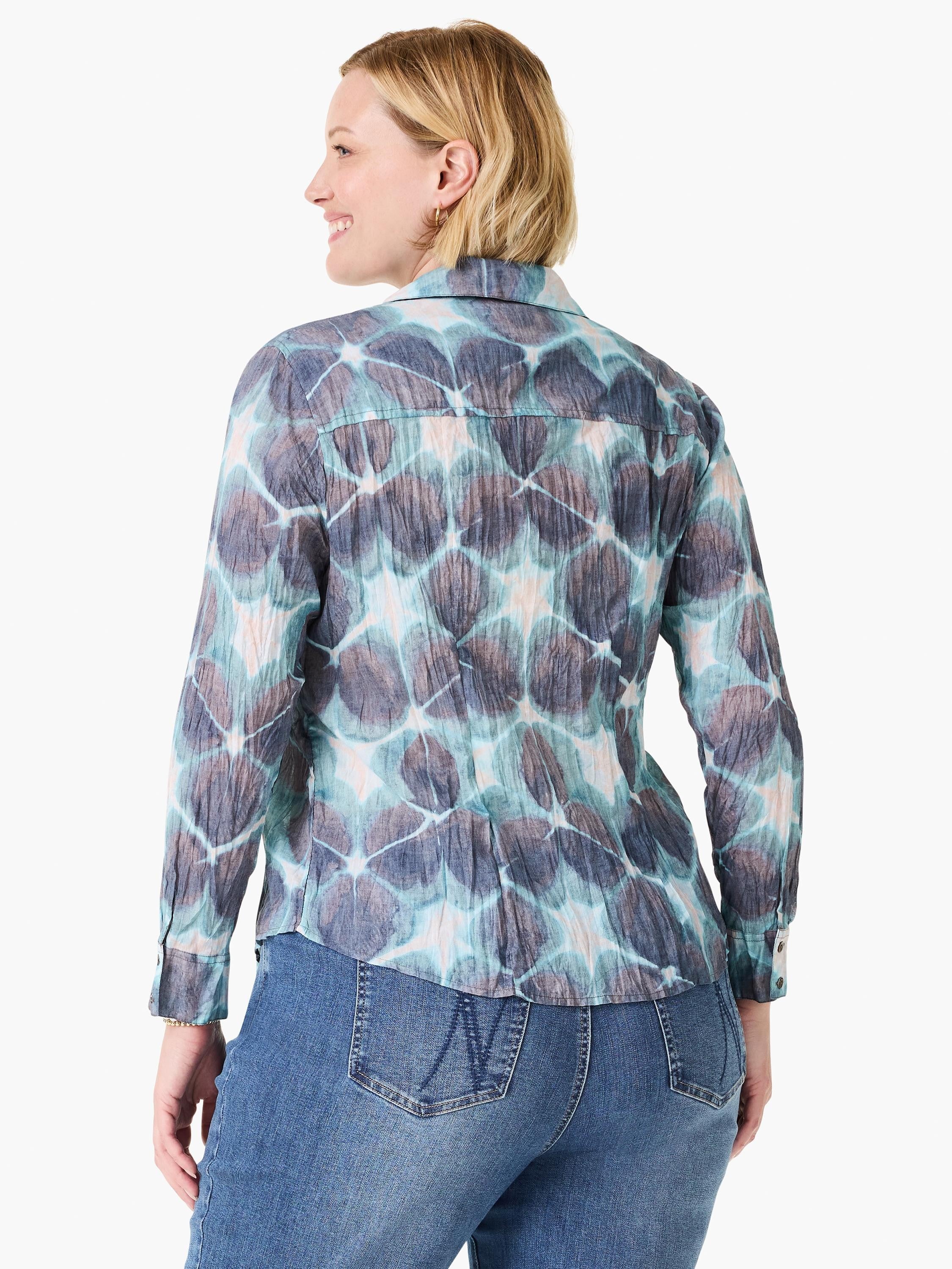 Crinkled button-down shirt with long sleeves, featuring an abstract pattern of blues, teal, brown, and light pink.
