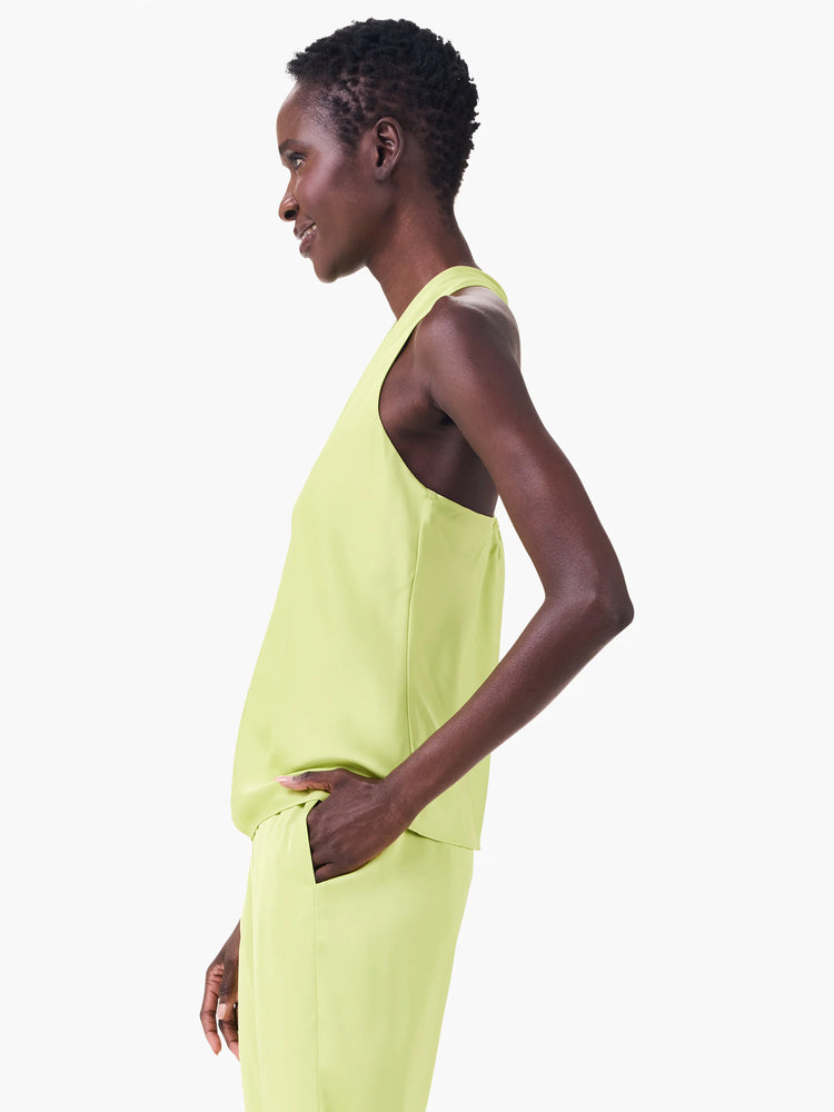 Bright lime green crepe halter top with a loose, sleeveless cut.